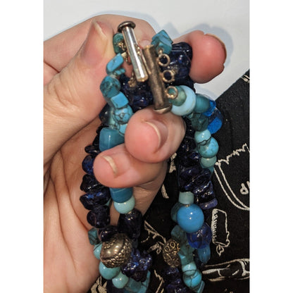 Vintage Boho Torsade Glass Blue Multi Strand Necklace 14 Inch Handmade