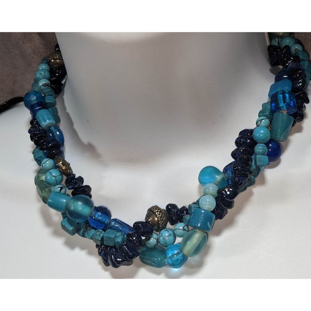 Vintage Boho Torsade Glass Blue Multi Strand Necklace 14 Inch Handmade