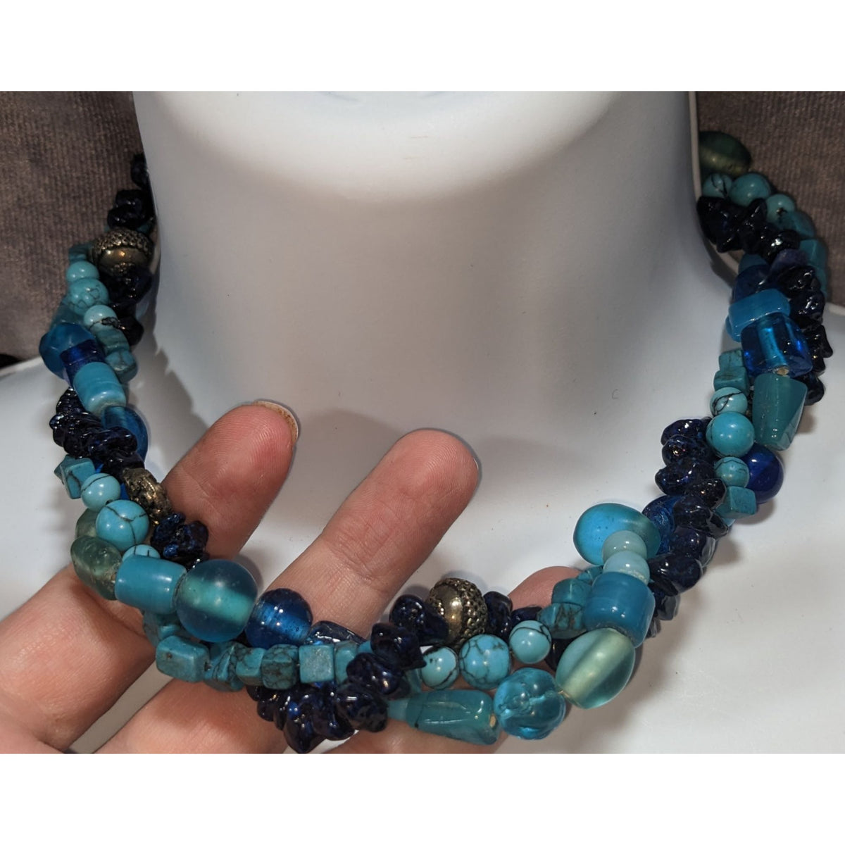 Vintage Boho Torsade Glass Blue Multi Strand Necklace 14 Inch Handmade