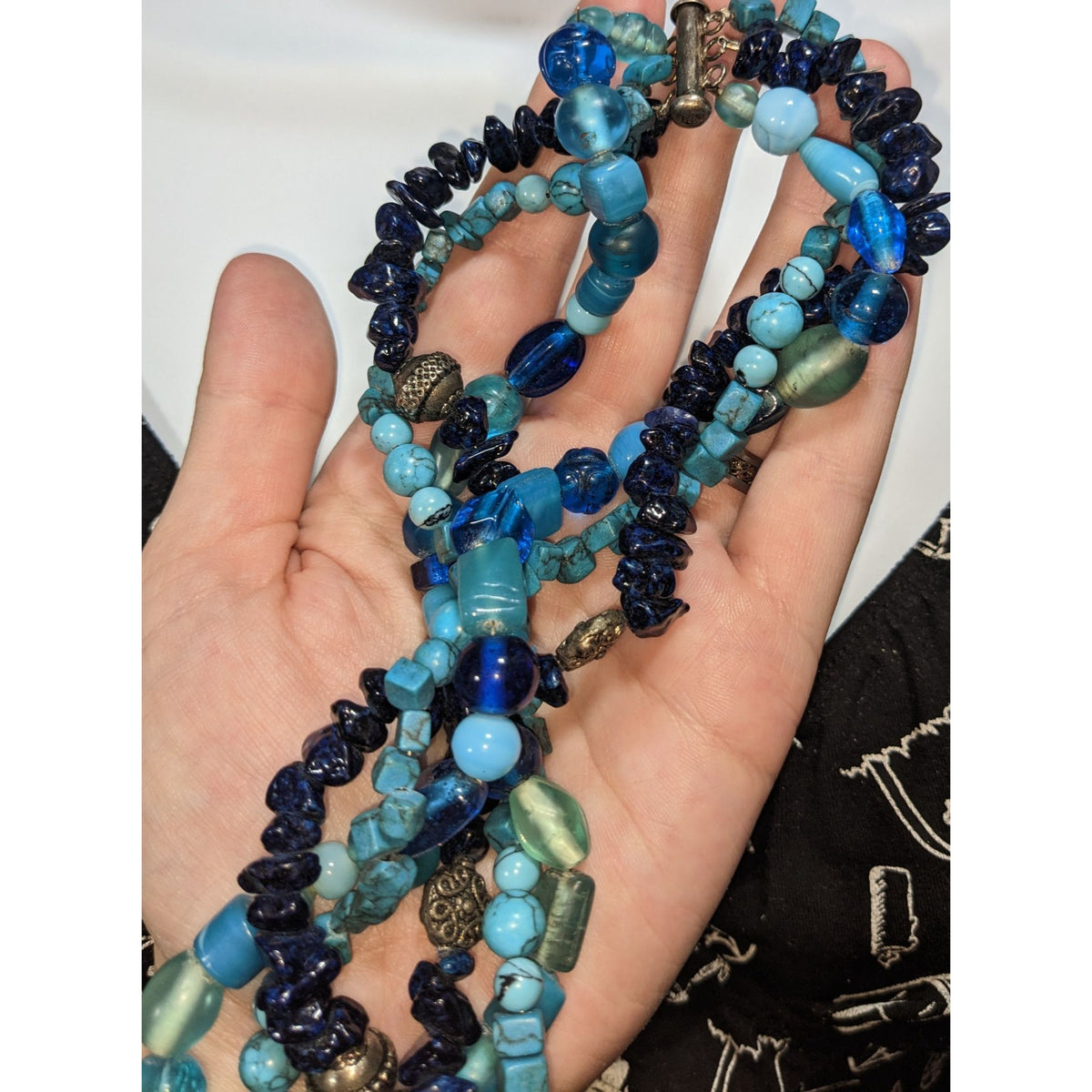 Vintage Boho Torsade Glass Blue Multi Strand Necklace 14 Inch Handmade