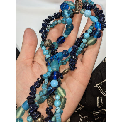 Vintage Boho Torsade Glass Blue Multi Strand Necklace 14 Inch Handmade