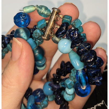 Vintage Boho Torsade Glass Blue Multi Strand Necklace 14 Inch Handmade