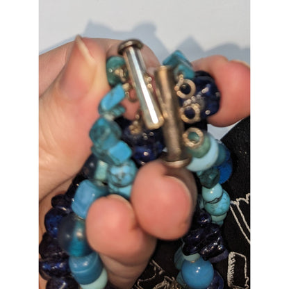 Vintage Boho Torsade Glass Blue Multi Strand Necklace 14 Inch Handmade