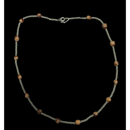 Retro Hippie Grey And Brown Glass And Seed Beaded Necklace