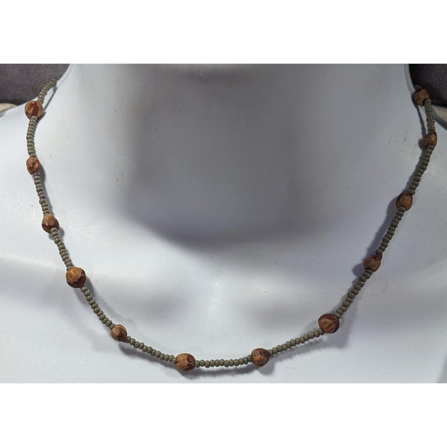 Retro Hippie Grey And Brown Glass And Seed Beaded Necklace