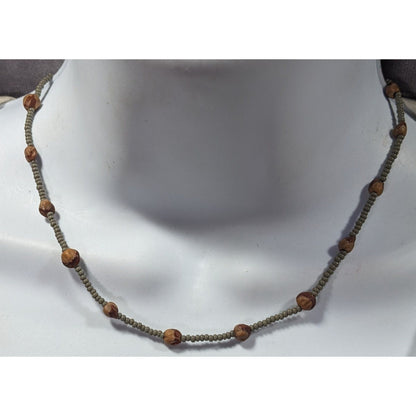 Retro Hippie Grey And Brown Glass And Seed Beaded Necklace