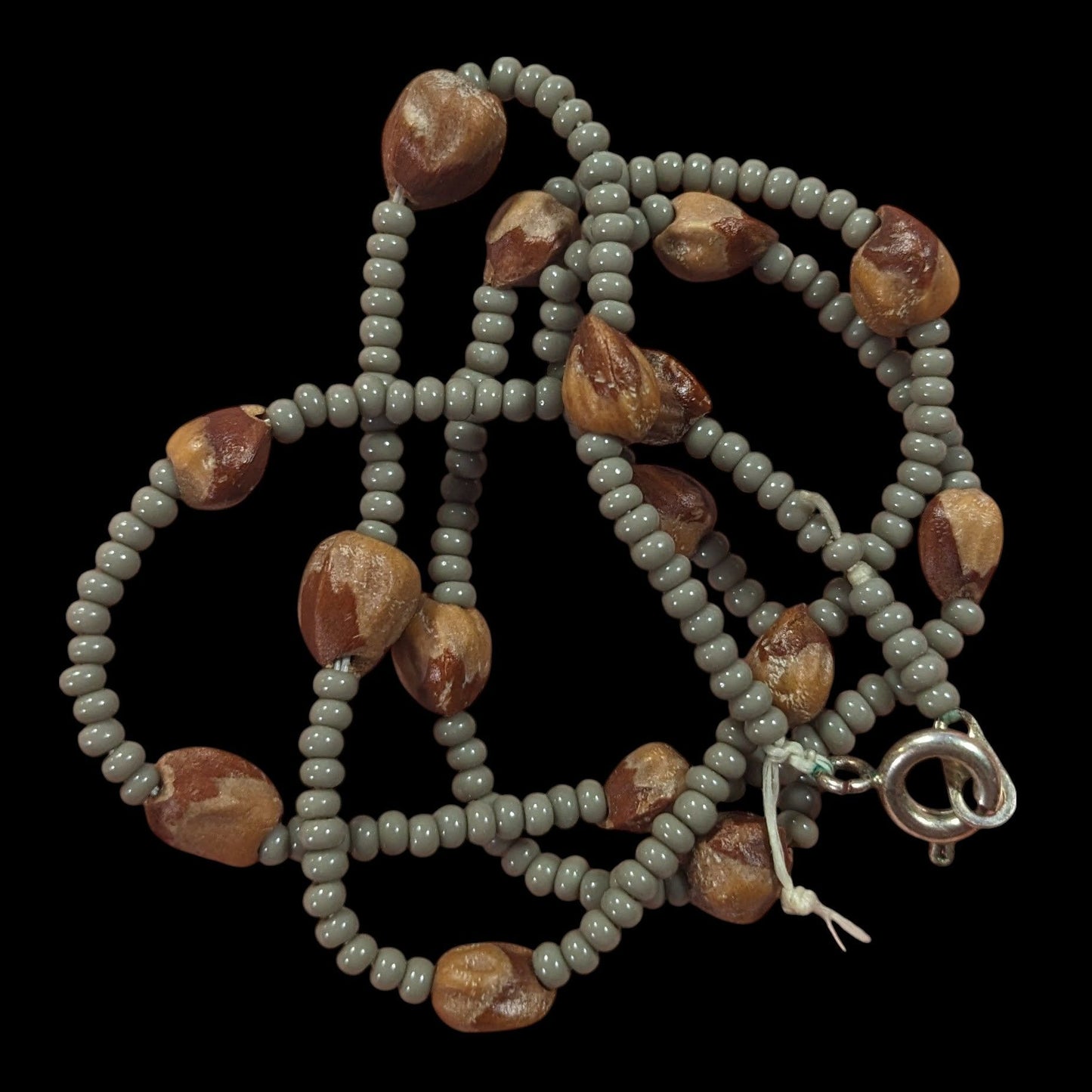 Retro Hippie Grey And Brown Glass And Seed Beaded Necklace