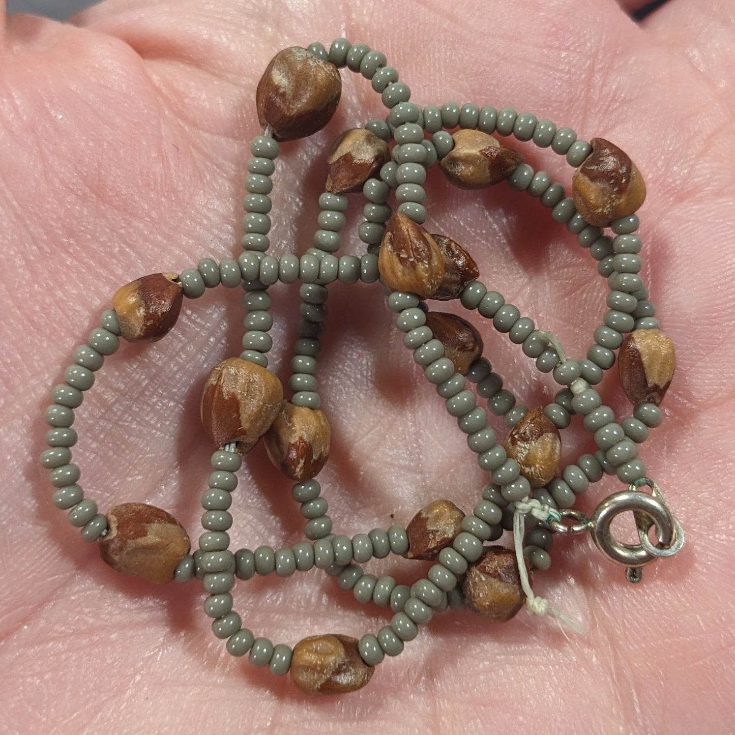 Retro Hippie Grey And Brown Glass And Seed Beaded Necklace
