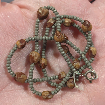 Retro Hippie Grey And Brown Glass And Seed Beaded Necklace