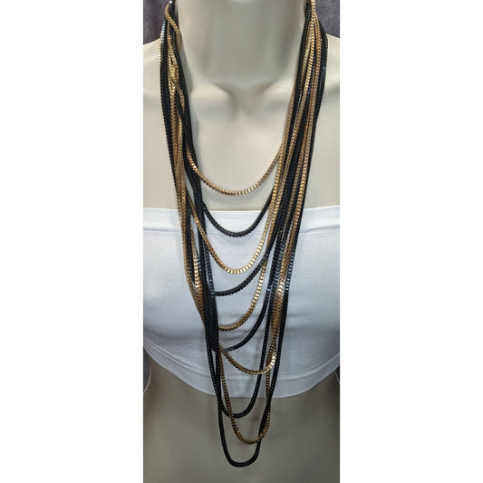 Elegant Glam Layered Black & Gold Multi-Strand Necklace With Lobster Clasp