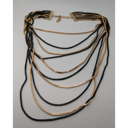 Elegant Glam Layered Black & Gold Multi-Strand Necklace With Lobster Clasp