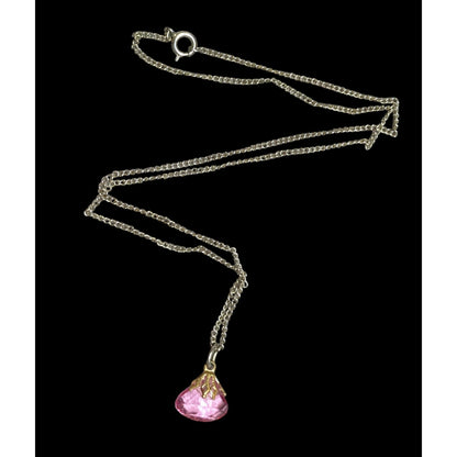 Vintage Pink Gemstone Pendant On Gold Tone Chain