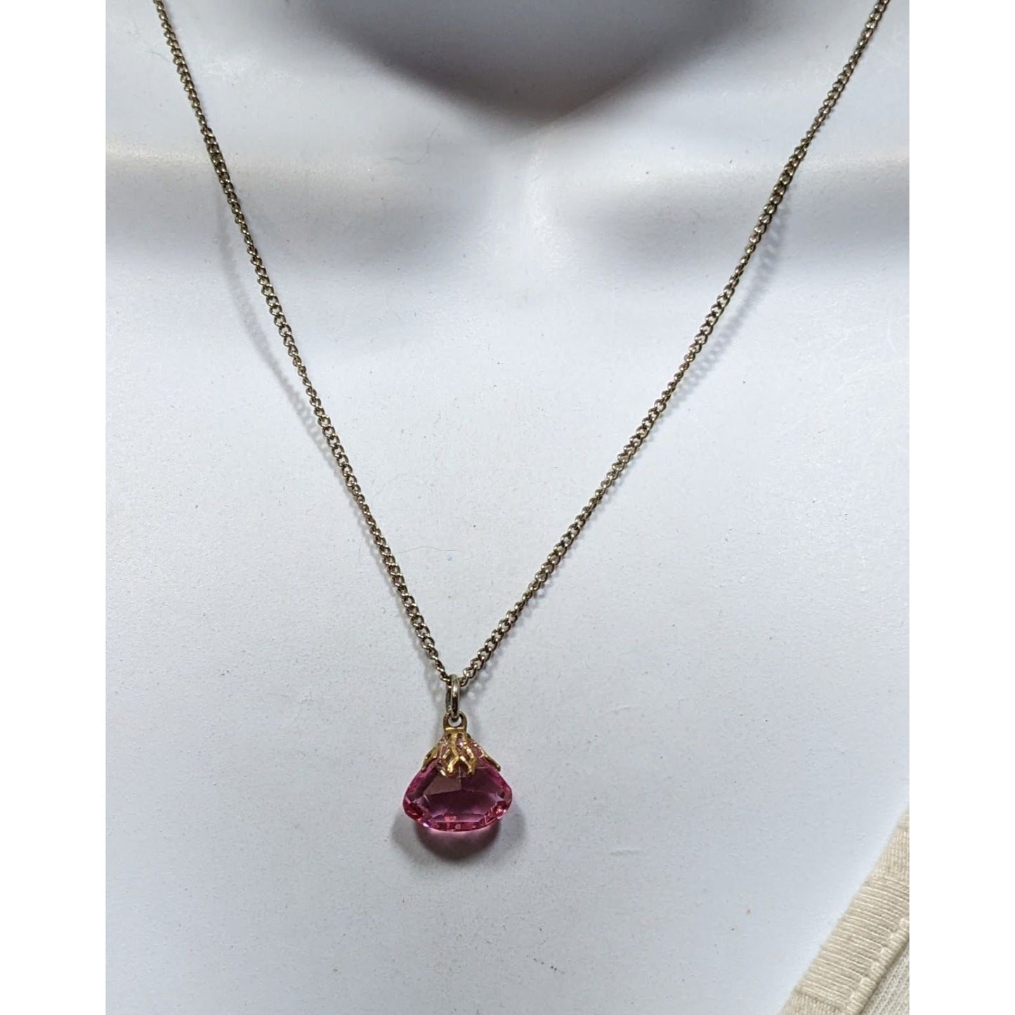 Vintage Pink Gemstone Pendant On Gold Tone Chain