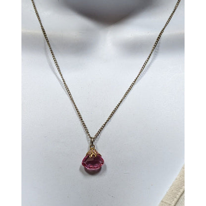 Vintage Pink Gemstone Pendant On Gold Tone Chain