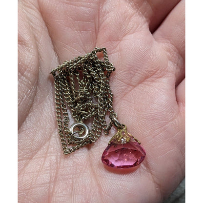 Vintage Pink Gemstone Pendant On Gold Tone Chain