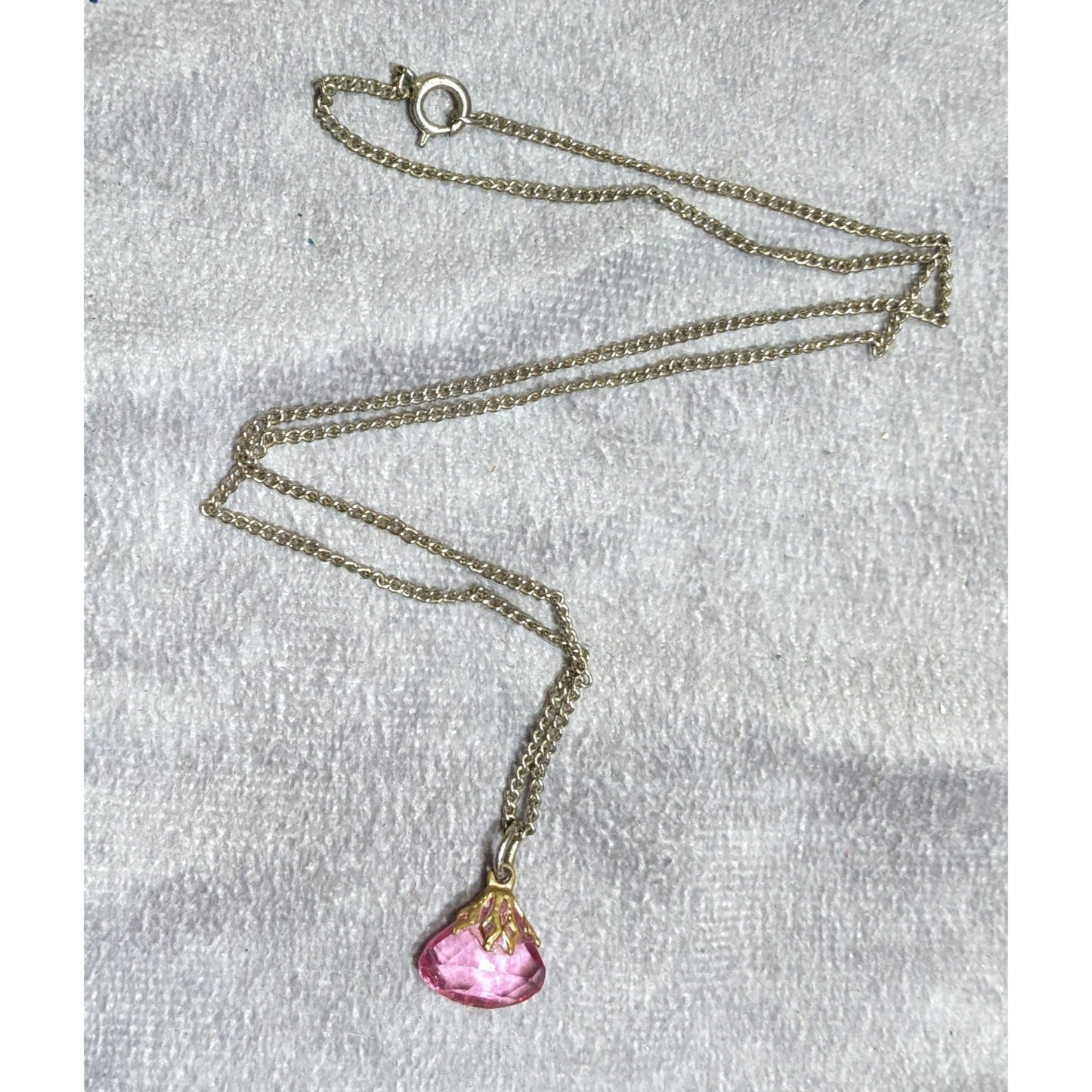 Vintage Pink Gemstone Pendant On Gold Tone Chain