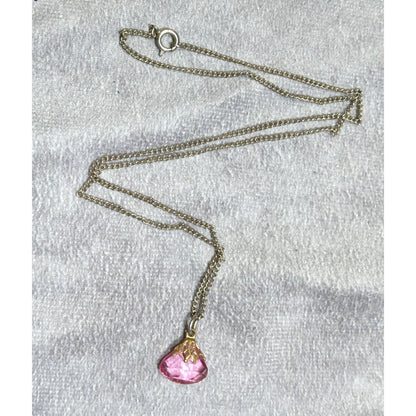 Vintage Pink Gemstone Pendant On Gold Tone Chain
