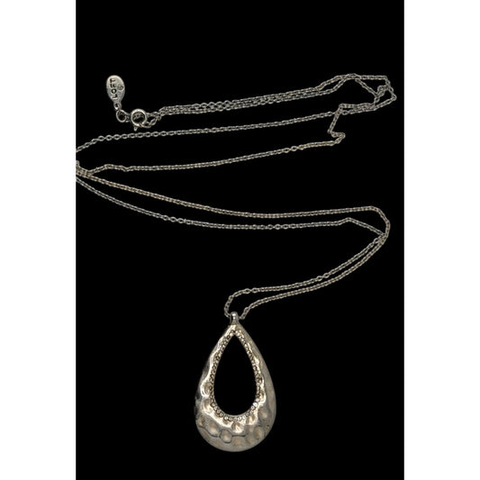Loft Silver-Tone Hammered Teardrop Pendant Necklace With Rhinestone Accents