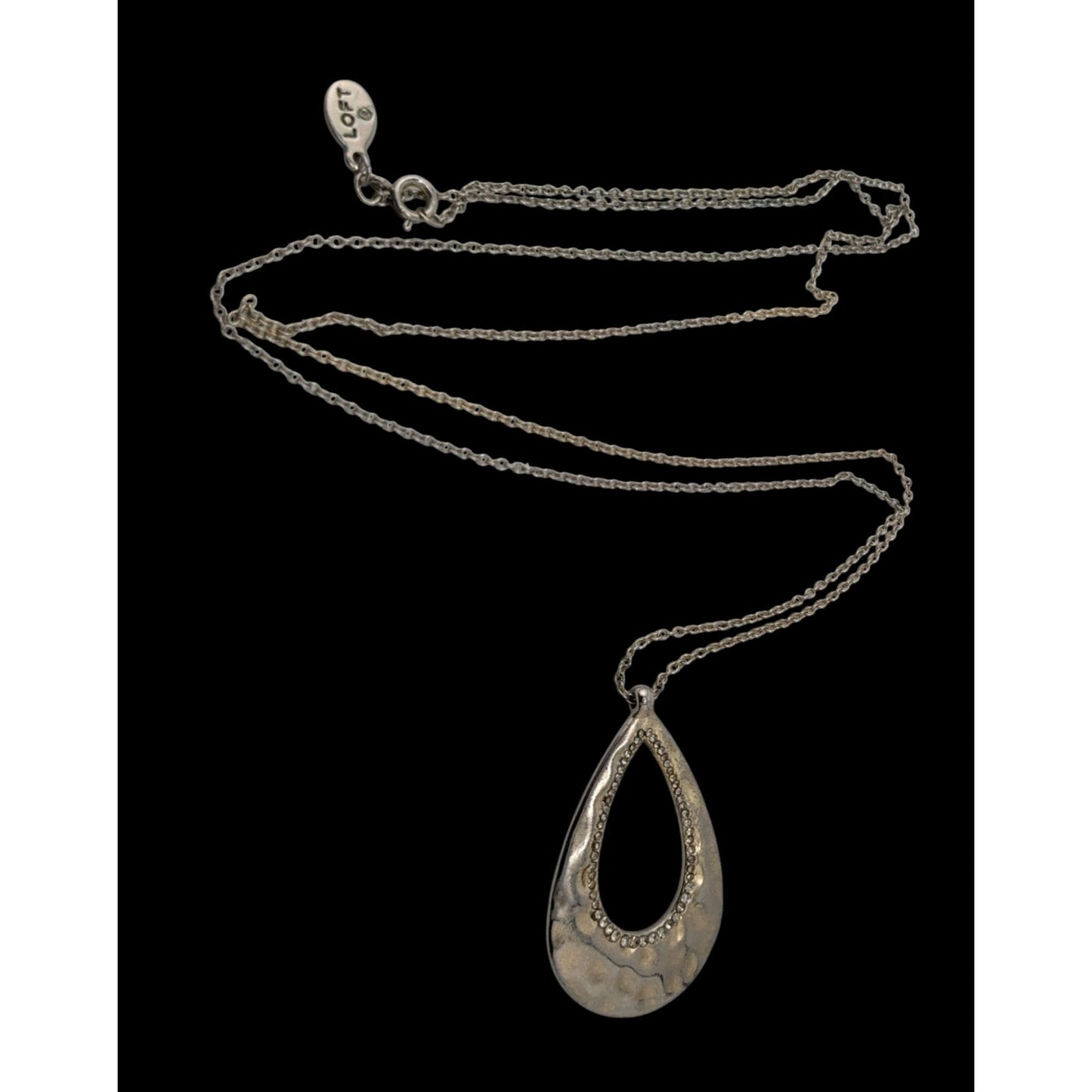Loft Silver-Tone Hammered Teardrop Pendant Necklace With Rhinestone Accents