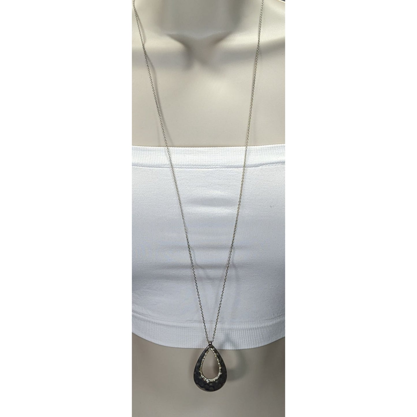 Loft Silver-Tone Hammered Teardrop Pendant Necklace With Rhinestone Accents
