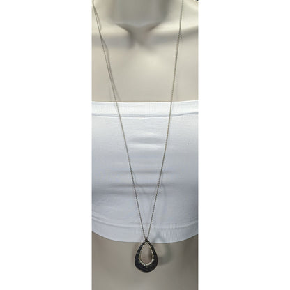 Loft Silver-Tone Hammered Teardrop Pendant Necklace With Rhinestone Accents