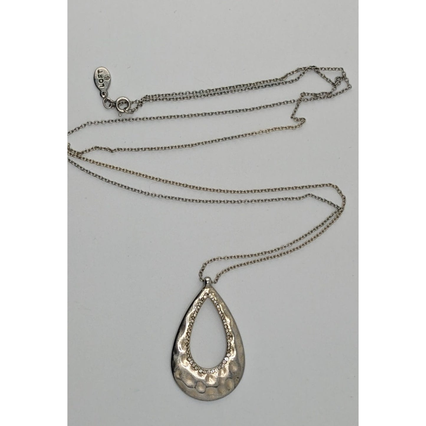 Loft Silver-Tone Hammered Teardrop Pendant Necklace With Rhinestone Accents