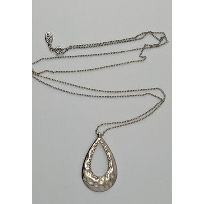 Loft Silver-Tone Hammered Teardrop Pendant Necklace With Rhinestone Accents