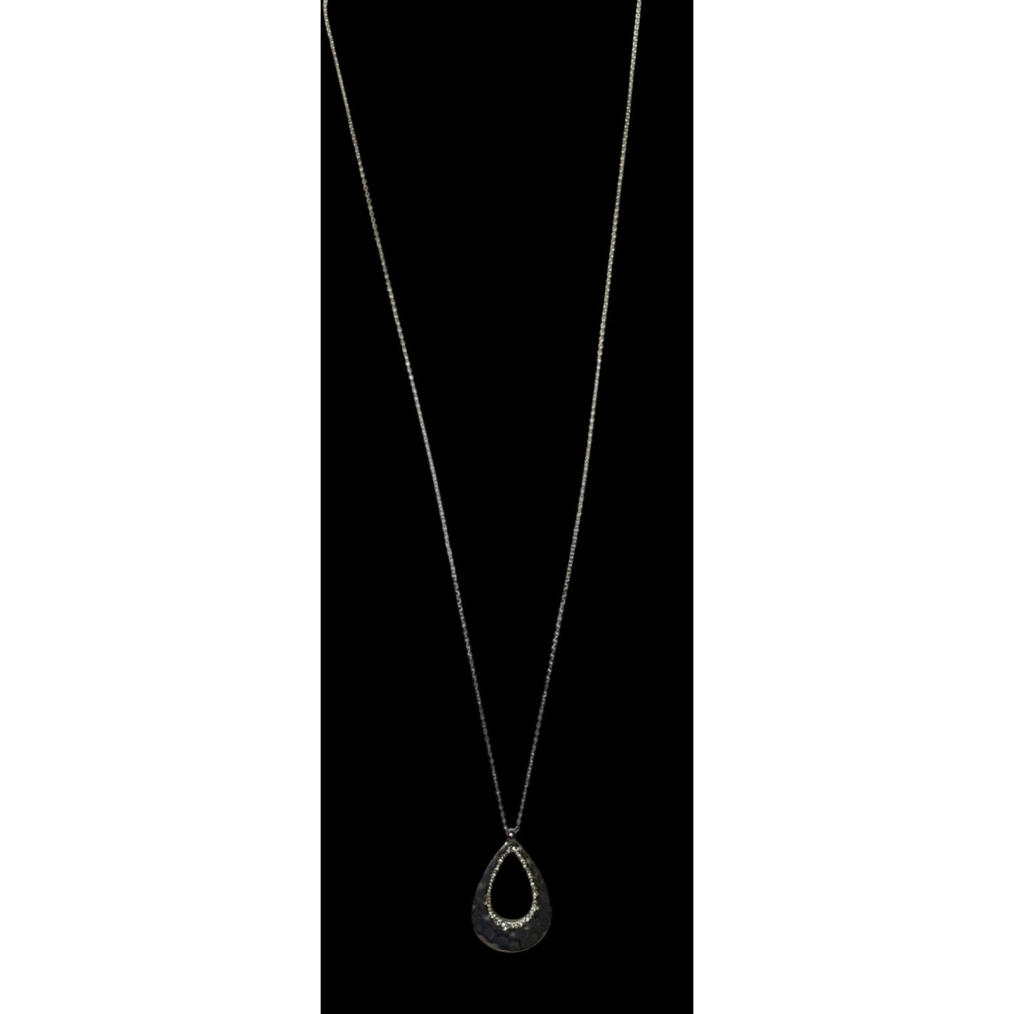 Loft Silver-Tone Hammered Teardrop Pendant Necklace With Rhinestone Accents
