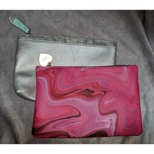 Ipsy Pink Swirl & Silver Glitter Zip Pouch Set