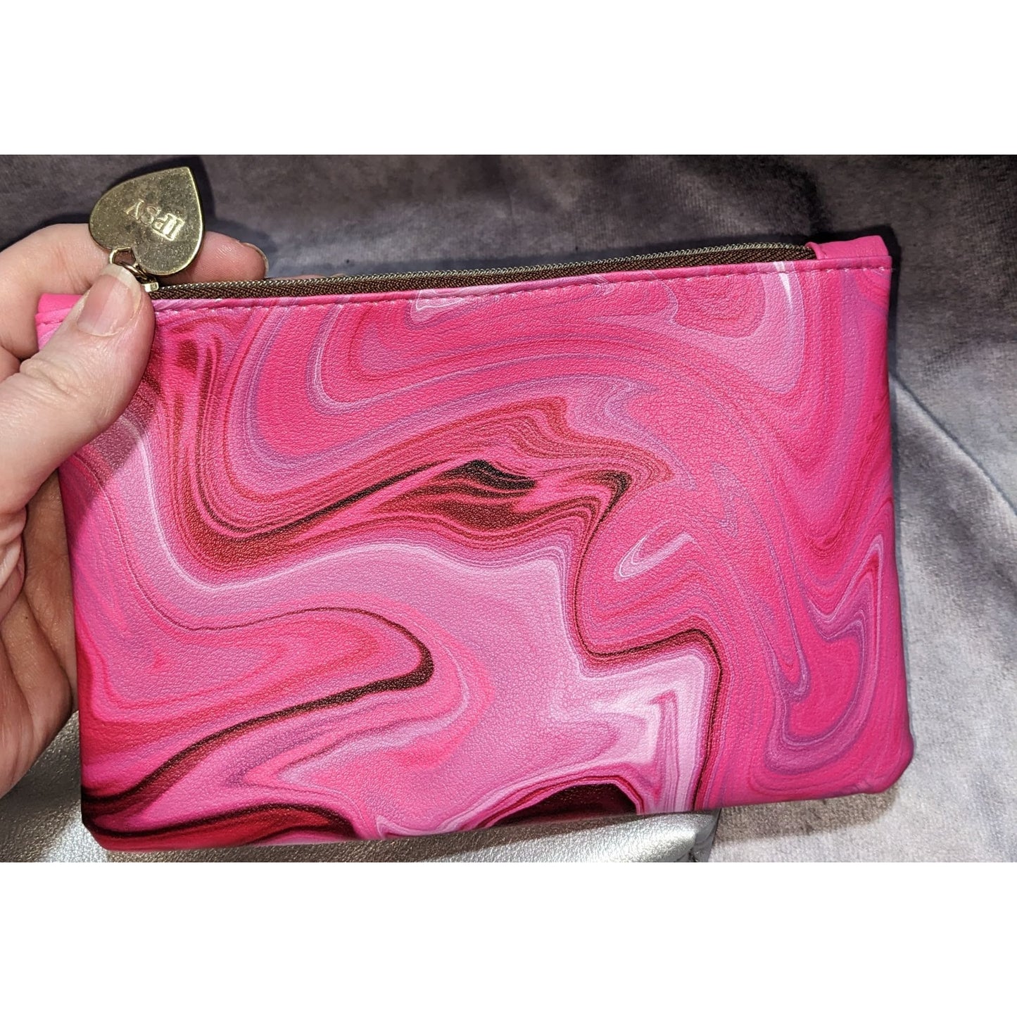 Ipsy Pink Swirl & Silver Glitter Zip Pouch Set