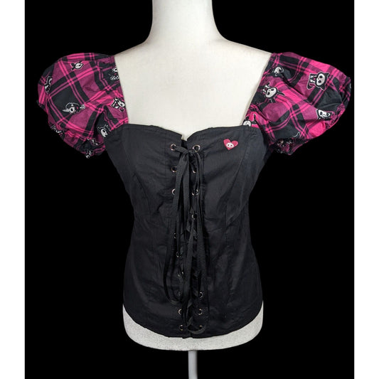 Skelanimals Gothic Laced Front Puff Sleeve Black And Magenta Top