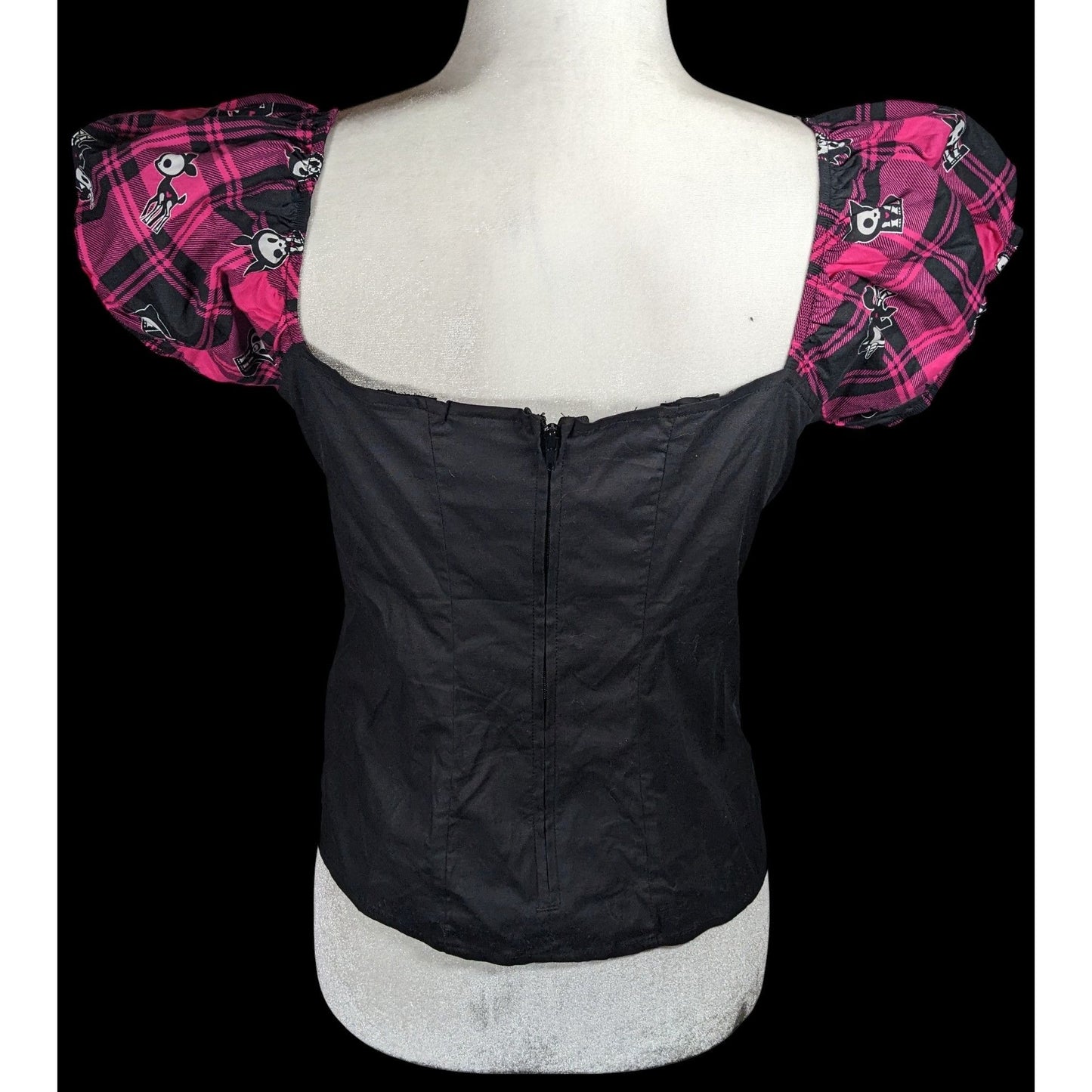 Skelanimals Gothic Laced Front Puff Sleeve Black And Magenta Top