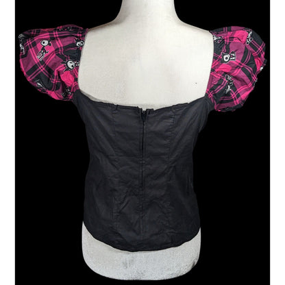 Skelanimals Gothic Laced Front Puff Sleeve Black And Magenta Top