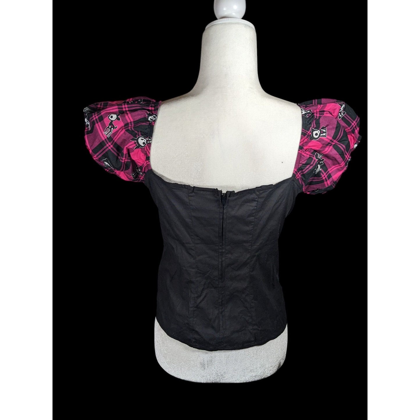 Skelanimals Gothic Laced Front Puff Sleeve Black And Magenta Top