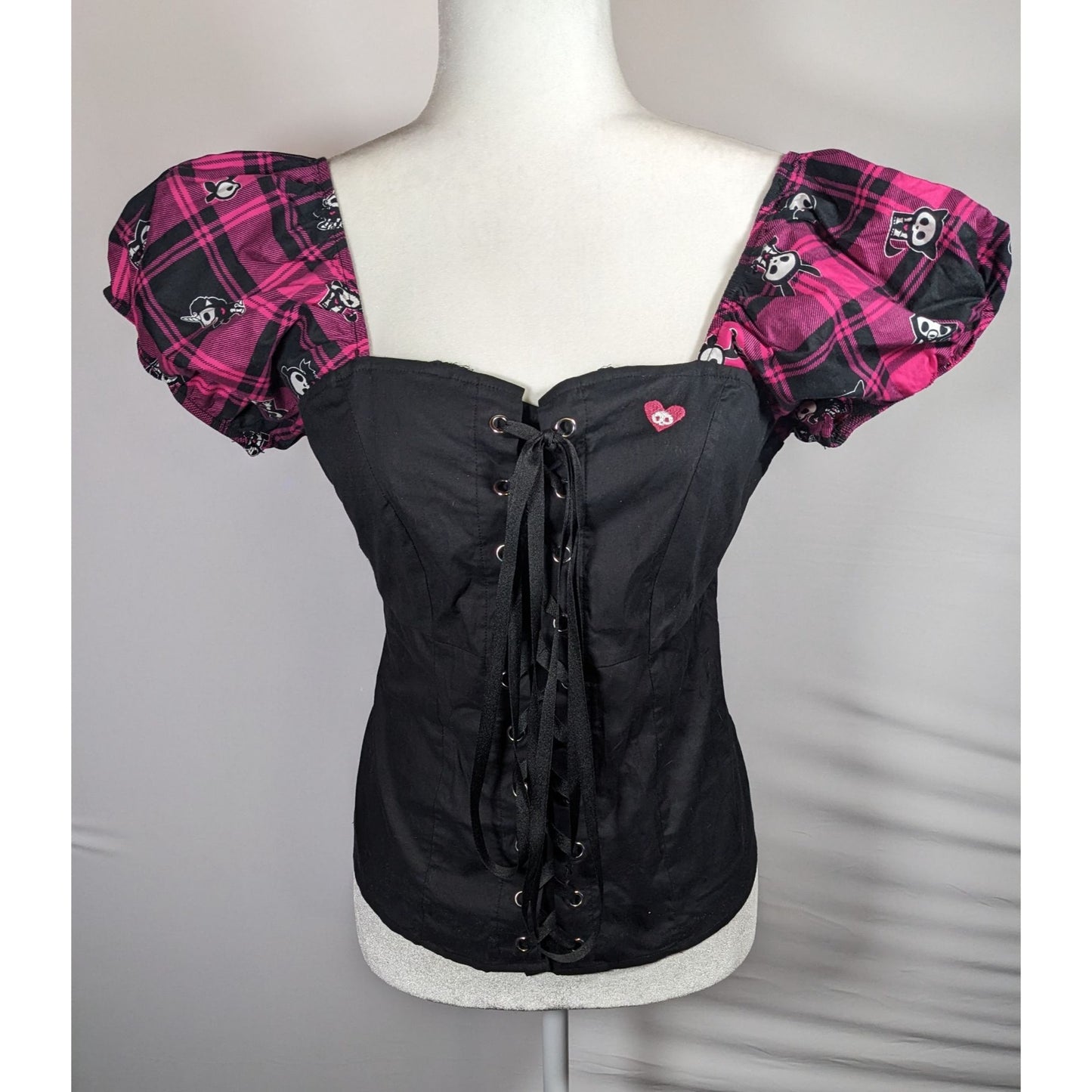Skelanimals Gothic Laced Front Puff Sleeve Black And Magenta Top