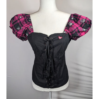 Skelanimals Gothic Laced Front Puff Sleeve Black And Magenta Top
