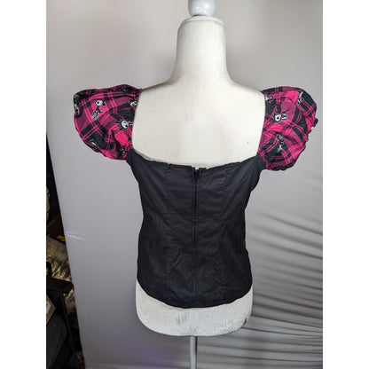 Skelanimals Gothic Laced Front Puff Sleeve Black And Magenta Top