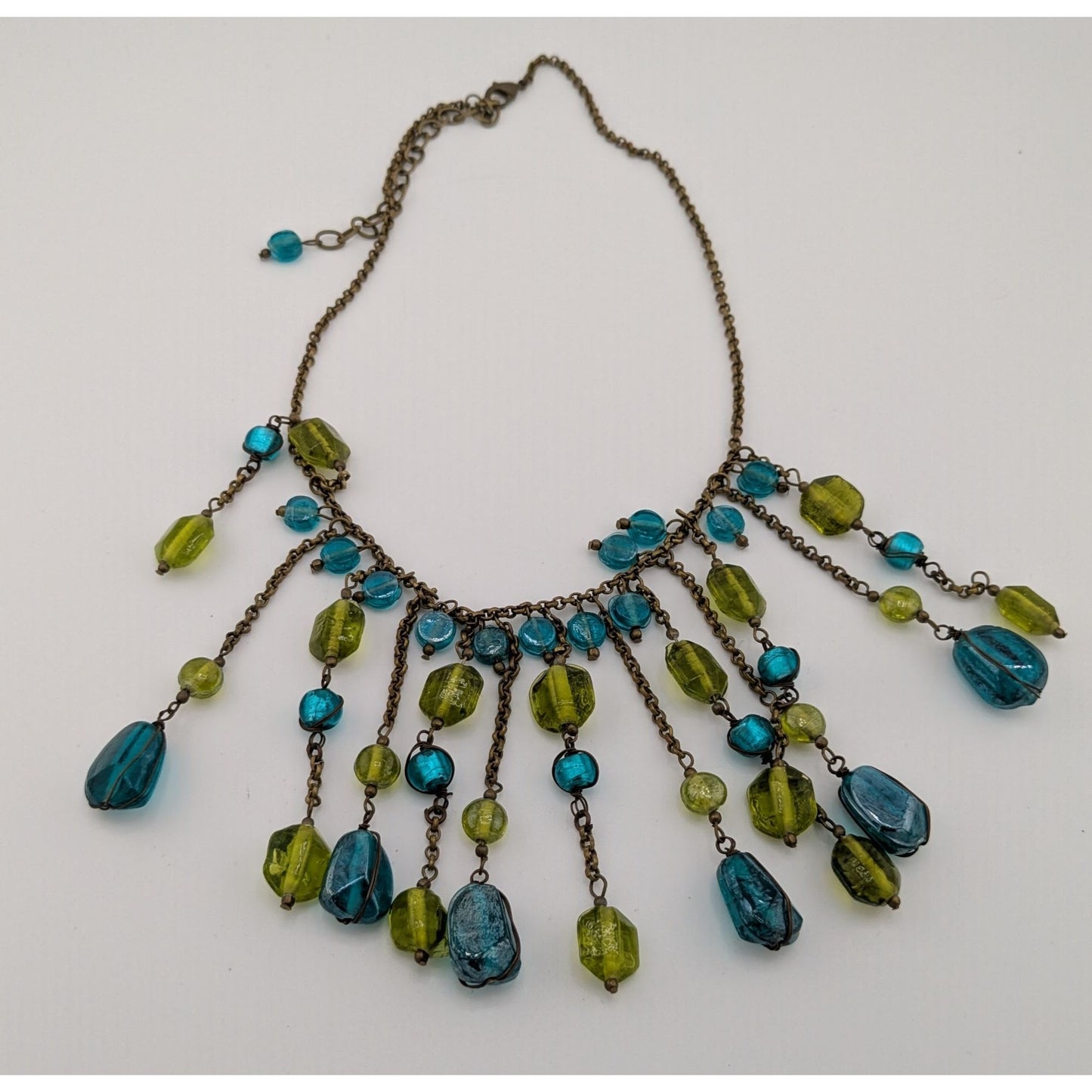 Vintage Bohemian Venetian Art Glass Blue And Green Fringe Necklace