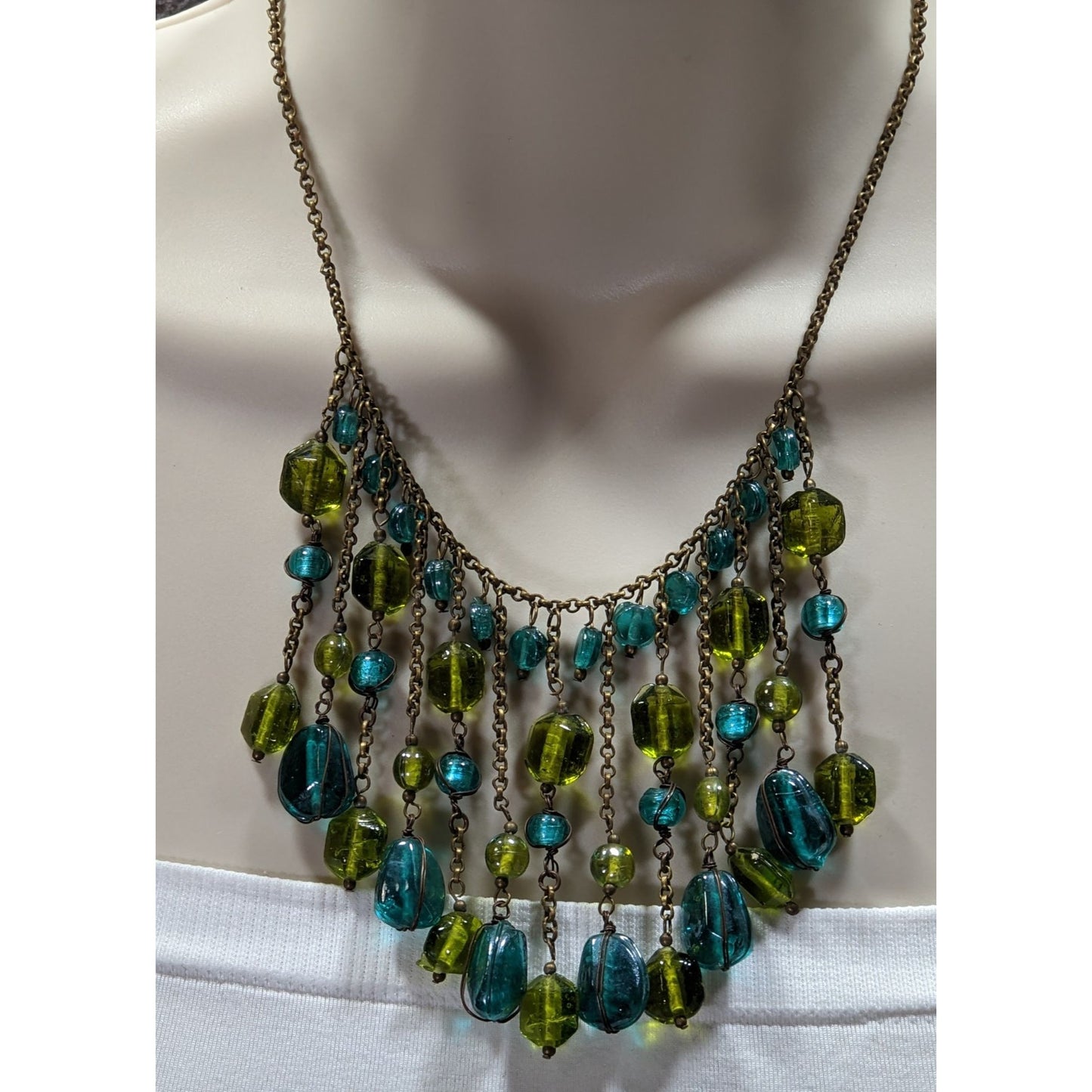 Vintage Bohemian Venetian Art Glass Blue And Green Fringe Necklace