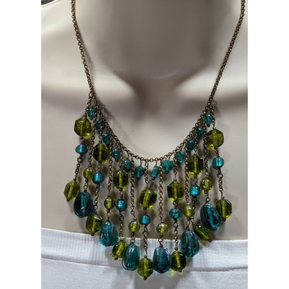 Vintage Bohemian Venetian Art Glass Blue And Green Fringe Necklace