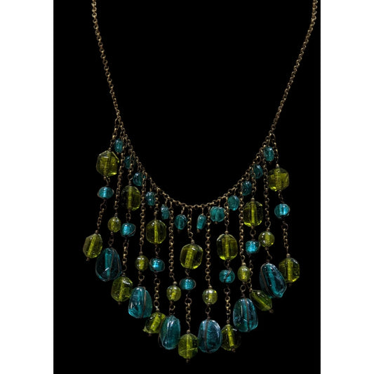 Vintage Bohemian Venetian Art Glass Blue And Green Fringe Necklace