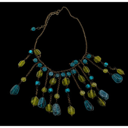 Vintage Bohemian Venetian Art Glass Blue And Green Fringe Necklace