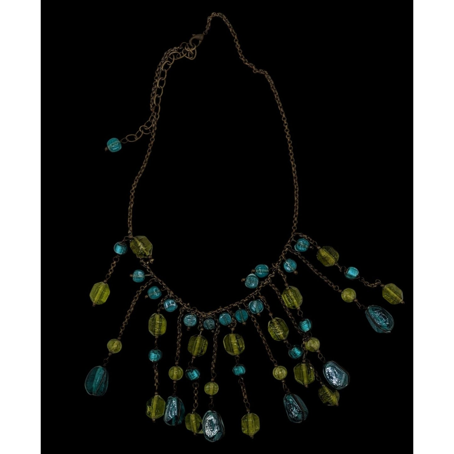 Vintage Bohemian Venetian Art Glass Blue And Green Fringe Necklace