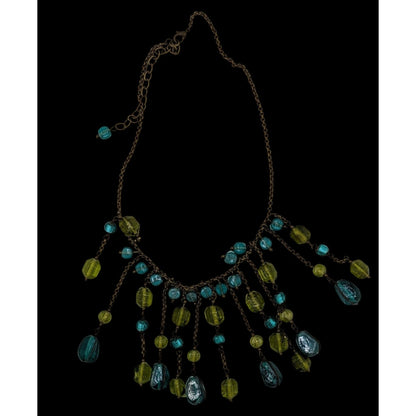 Vintage Bohemian Venetian Art Glass Blue And Green Fringe Necklace