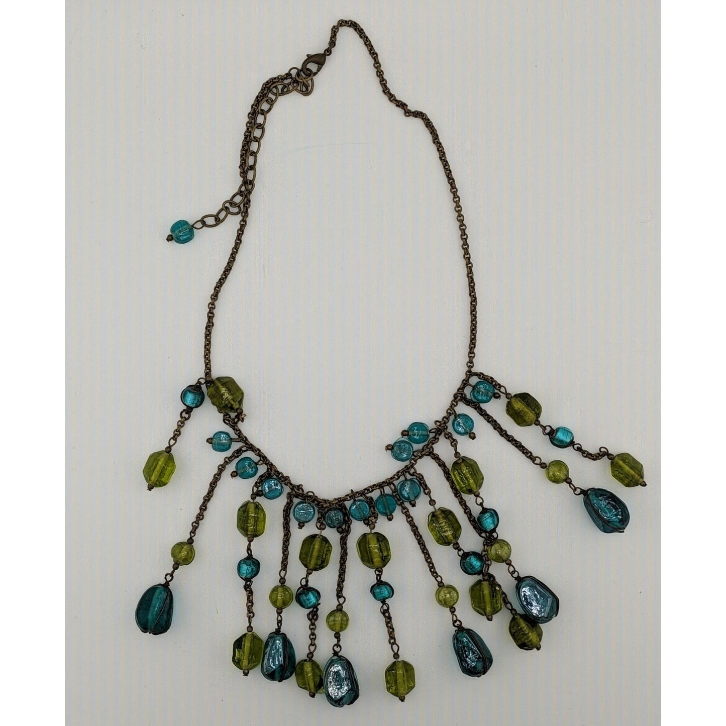 Vintage Bohemian Venetian Art Glass Blue And Green Fringe Necklace