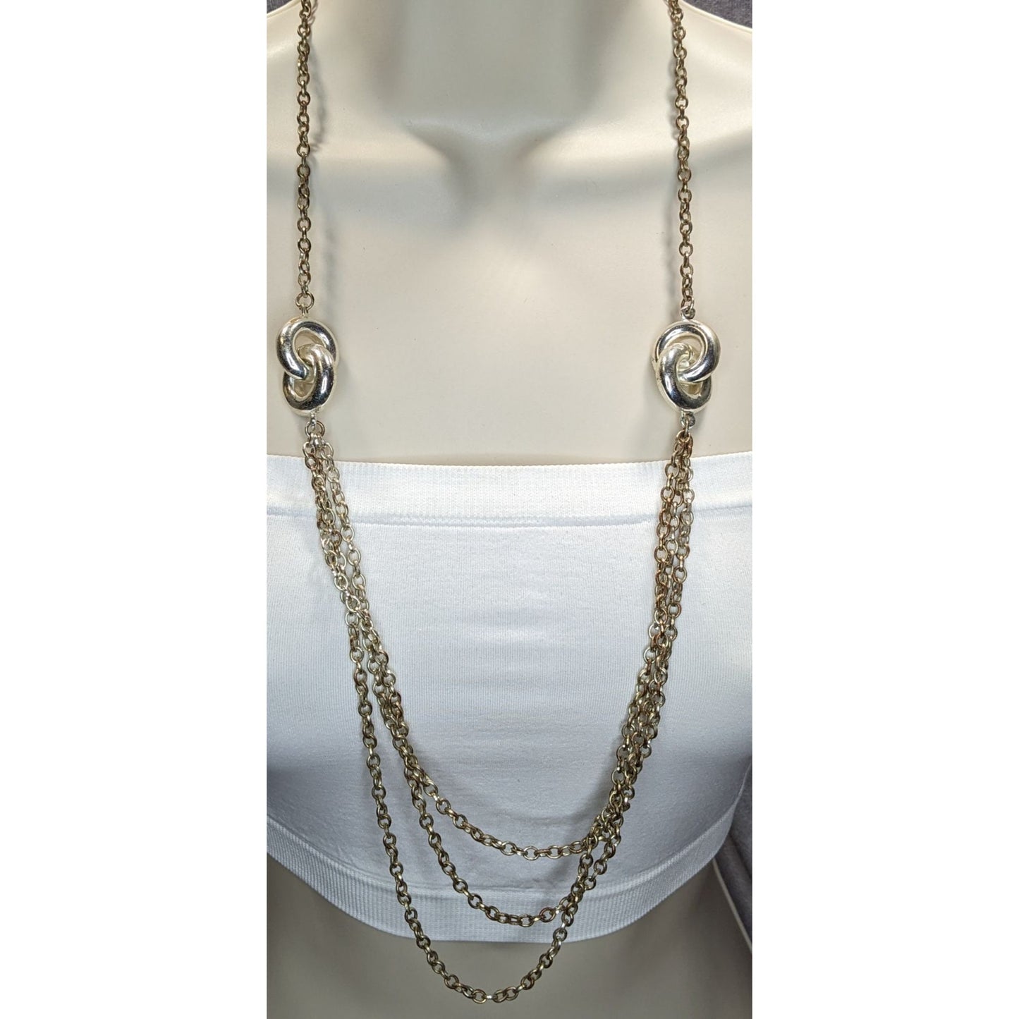Layered Chain Necklace Chunky Knotted Accents Silver Preppy Abstract