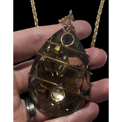 Gold Chain Necklace With Large Faceted Crystal Pendant