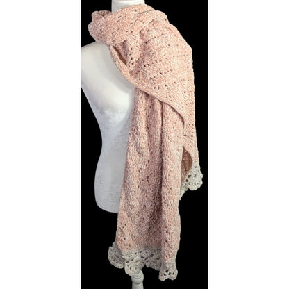 Handmade Vintage Chenille Crochet Scarf With Scalloped Trim 83x23 Inches Pink & White