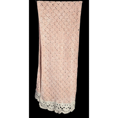 Handmade Vintage Chenille Crochet Scarf With Scalloped Trim 83x23 Inches Pink & White
