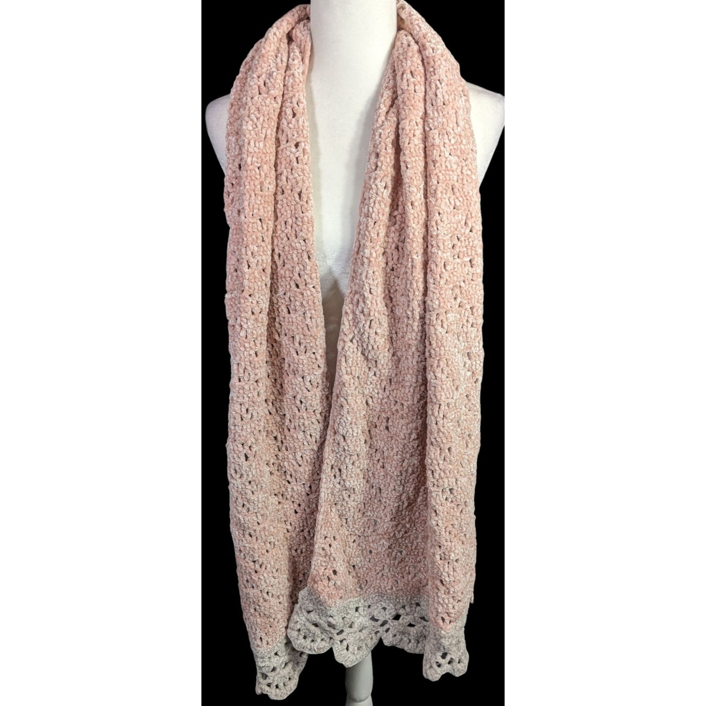 Handmade Vintage Chenille Crochet Scarf With Scalloped Trim 83x23 Inches Pink & White